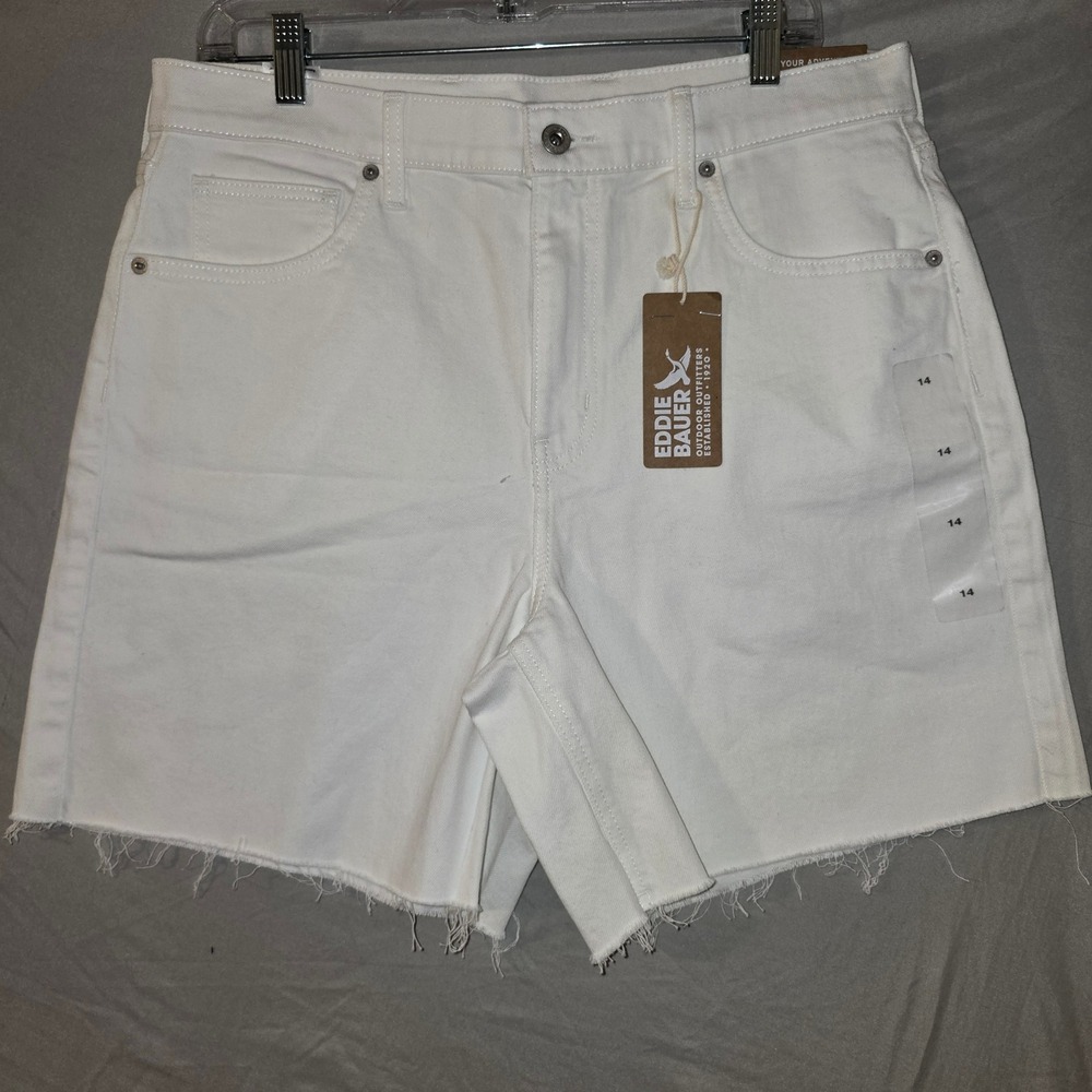 Eddie‎ Bauer Authentic Voyager Shorts 14 Women White High Rise Raw Hem Denim